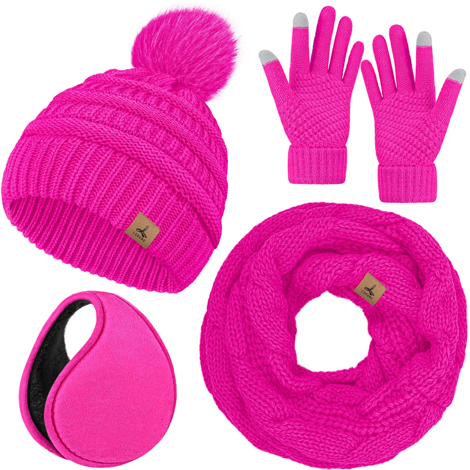 Winter Hat Scarf Gloves and Ear Warmer, Warm Knit Beanie Hat Touch Screen Gloves Set Winter Gifts Neck Scarves for Women